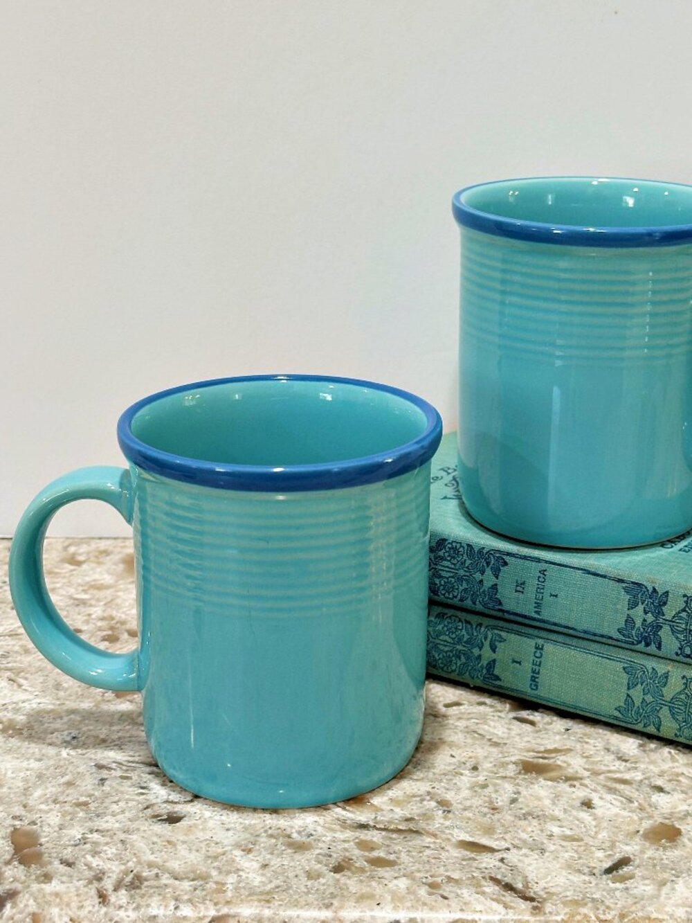 Rio Stoneware Japan Coffee Mugs Turquoise Aqua w Blue Rim 10 oz Vintage Set of 2